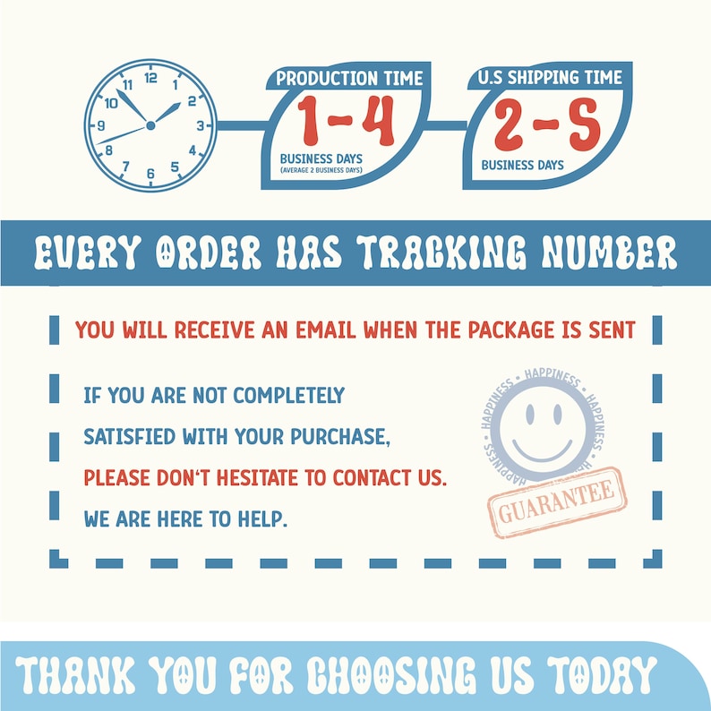 May include: An image with a clock, text, and graphics. The text includes "Production Time 1-4 Business Days", "U.S. Shipping Time 2-5 Business Days", and "Every order has tracking number". There is a guarantee stamp and a smiley face.