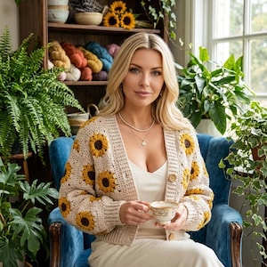 May include: A cream-colored crochet cardigan with large yellow and brown sunflower appliques. The cardigan is worn over a white dress. The person is seated in a blue velvet chair and holding a teacup. A wooden shelf with yarn and plants is in the background.