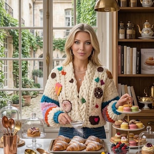 Op de afbeelding: Een vrouw in een crèmekleurige, grof gebreide trui met kleurrijke patches strooit poedersuiker over een dienblad met croissants. De scène omvat gebak, macarons en een bord met de tekst "MAISON DU CHOUX - PARIS."