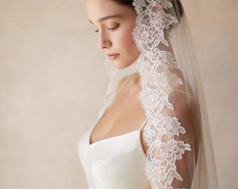 French Chantilly Lace Bridal Veil | Fingertip Mantilla Wedding Veil extra width