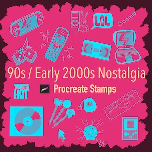 May include: A pink graphic with teal illustrations of 90s and early 2000s items, including a laptop, cell phone, and video game console. Text reads "90s / Early 2000s Nostalgia" and "That's Hot".