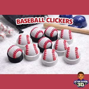 Può includere: Una collezione di clicker a forma di pallina da baseball, ognuno progettato per assomigliare a una palla da baseball con cuciture rosse. I clicker sono bianchi con cuciture rosse e poggiano su una base bianca e nera. Il testo "BASEBALL CLICKERS" è visualizzato in rosso e bianco.