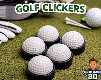 Könnte beinhalten: Golf-Clicker mit weißen Golfbällen in schwarzen Haltern, angeordnet auf einer grünen Oberfläche. Das Bild zeigt auch Golf-Tees, einen Golfhandschuh und einen Schläger. Der Text "GOLF CLICKERS" befindet sich oben.