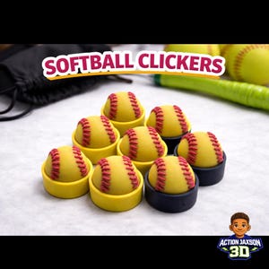 Könnte beinhalten: Gelbe Softball-Clicker mit roter Naht, angeordnet in einer Gruppe. Der Text "SOFTBALL CLICKERS" ist darüber zu sehen. Das Action Jaxson 3D-Logo befindet sich unten rechts.