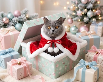 Capa de Papá Noel para gatos, disfraz navideño festivo para mascotas, capa con capucha de algodón, ropa de invierno para gatitos.