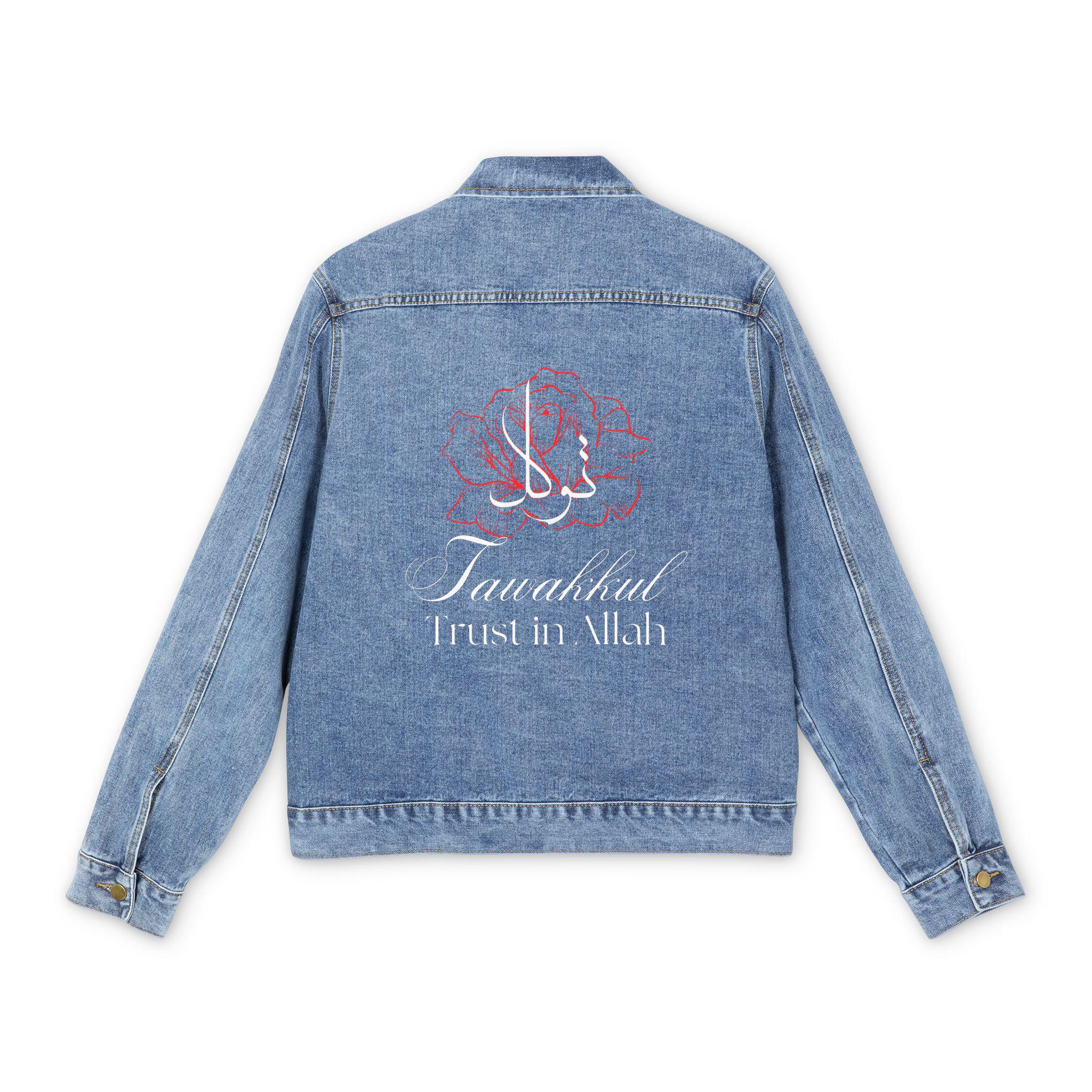 Tawakkul Arabic Calligraphy Floral Back Print Denim Jacket | Trust in ...