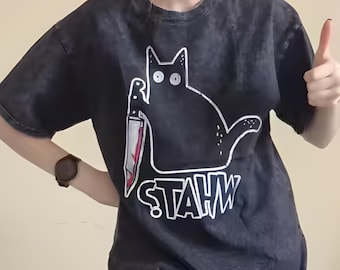 Katzen Grafik Shirt, Acid Washe T-Shirt, Streetwear Übergroßes T-Shirt, Geschenk für Sie / Ihn