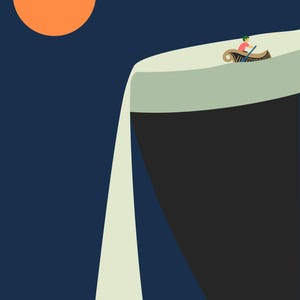 A minimalist vector illustration of a Guinness pint reimagined as a giant cliff. A small person in a brown boat rows across the thick white foam at the top, which spills over the side like a waterfall. A large orange sun or moon sits in a dark navy blue sky next to the black silhouette of the glass.