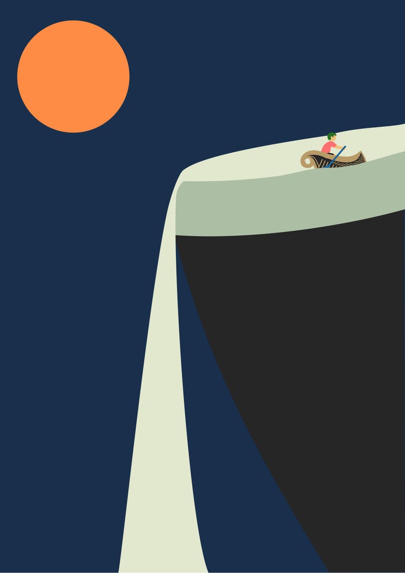 A minimalist vector illustration of a Guinness pint reimagined as a giant cliff. A small person in a brown boat rows across the thick white foam at the top, which spills over the side like a waterfall. A large orange sun or moon sits in a dark navy blue sky next to the black silhouette of the glass.