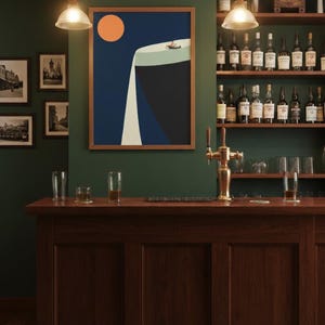 Guinness Inspired Minimalist Art Print - Surreal Beer Cliff Waterfall Illustration, Modern Pub Wall Decor image 1