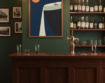 Guinness Inspired Minimalist Art Print - Surreal Beer Cliff Waterfall Illustration, Modern Pub Wall Decor