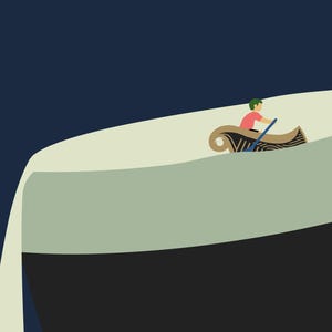 May include: An illustration depicts a person in a small boat made of a rolled-up rug, paddling with a blue oar. The boat is on a light green surface, with a dark blue background. The person wears a pink shirt and green hair.
