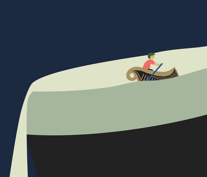 May include: An illustration depicts a person in a small boat made of a rolled-up rug, paddling with a blue oar. The boat is on a light green surface, with a dark blue background. The person wears a pink shirt and green hair.