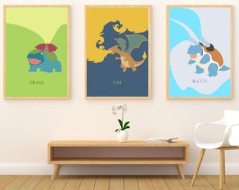 Pokemon Starter Evolution Digital Poster Set - Minimalist Venusaur Charizard Blastoise Wall Art - Instant Download Printables - Set of 3