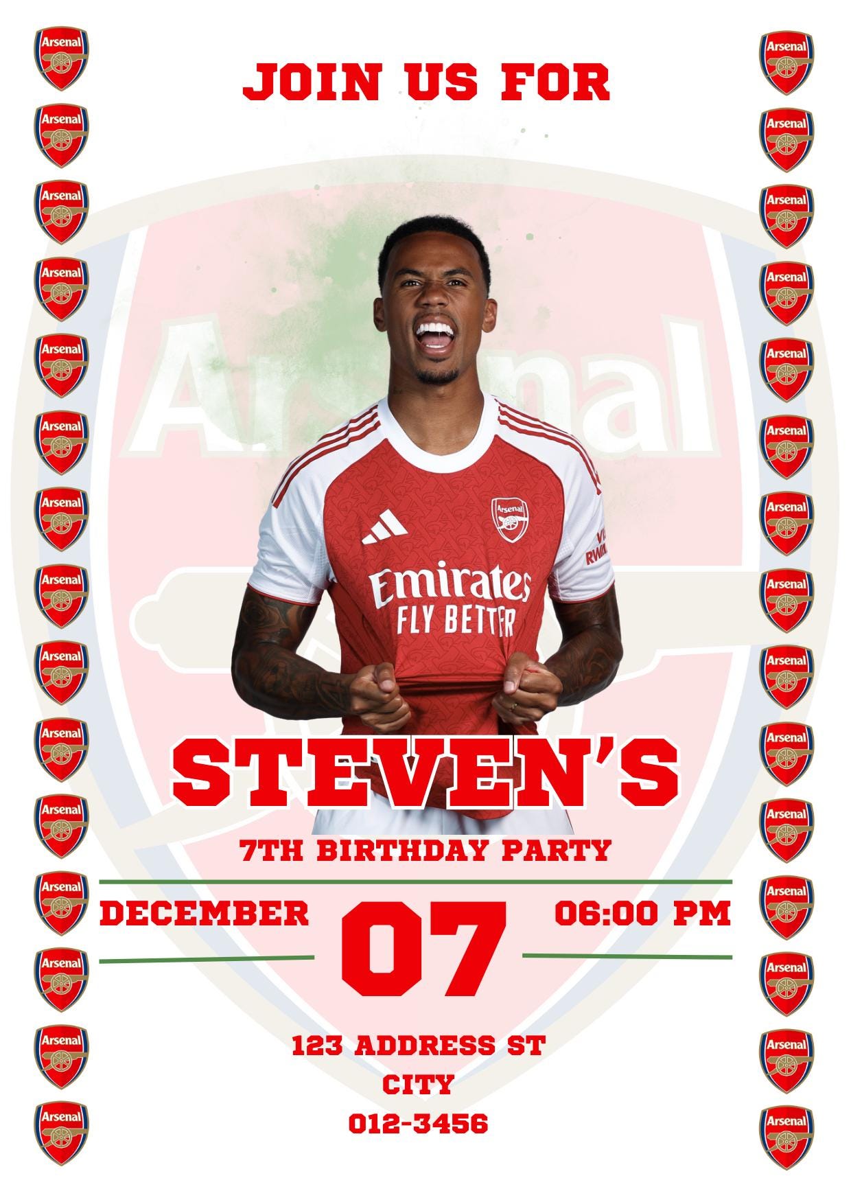 Arsenal Football Birthday Invitation Template, Boys Soccer Invite,kids ...