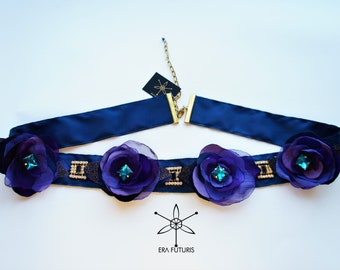 Blue purple floral embroidery ribbon waist belt with glass rhinestone crystals