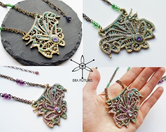 Brass green purple floral filigree asymmetric necklace