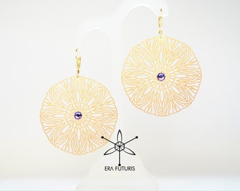 Filigree rosette brass round circle disc earrings with purple crystal