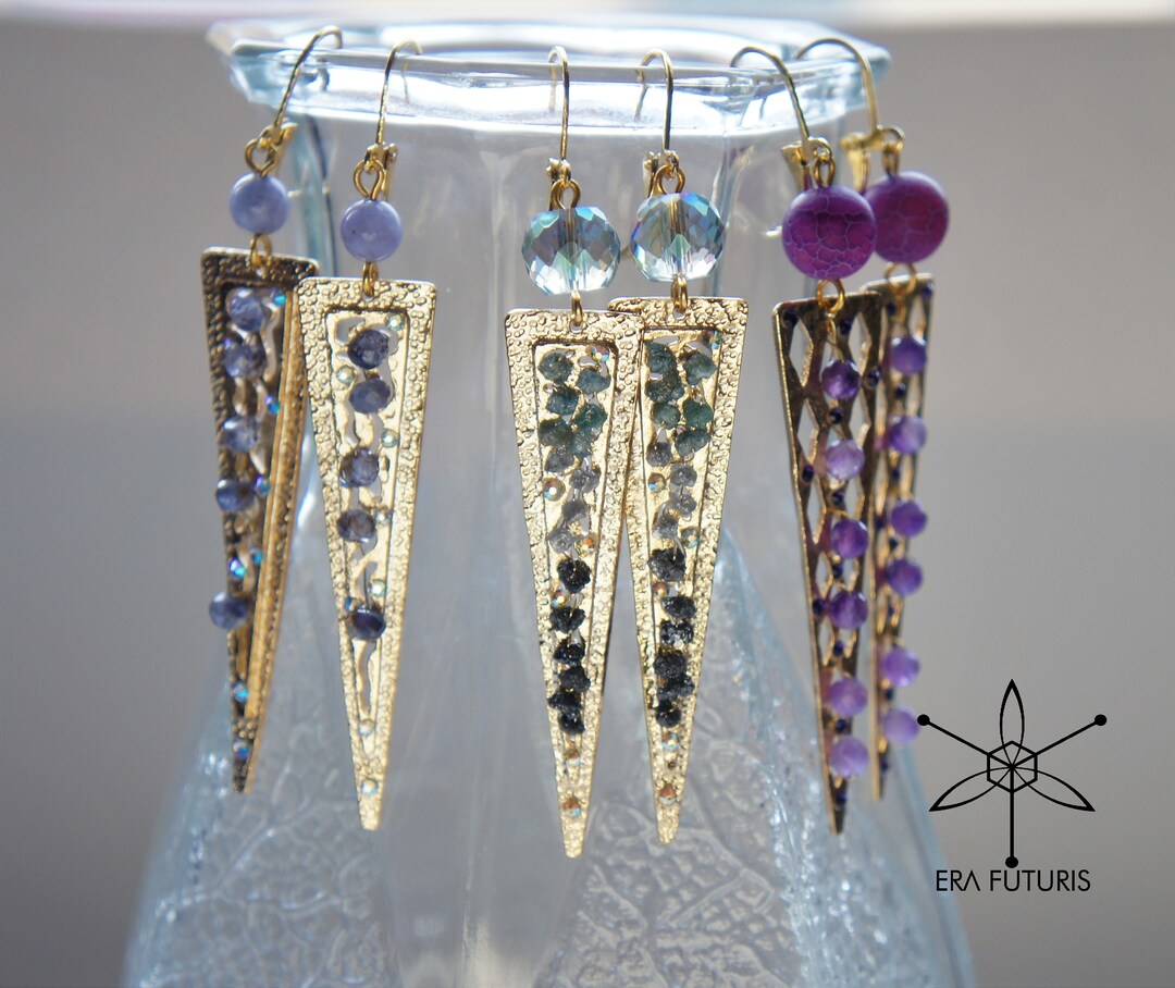 Gold Plated Long Rough Diamond Earrings, Long Purple Amethyst Earrings ...