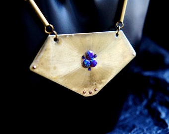 Large purple golden geometric hexagon square brass Opal Amethyst stone statement necklace in futuristic Art Deco style