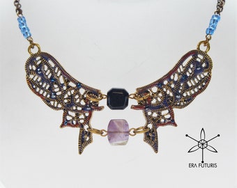 Large butterfly necklace, Art Nouveau filigree necklace, large wings necklace, antique style filigree necklace, blue red statement necklace