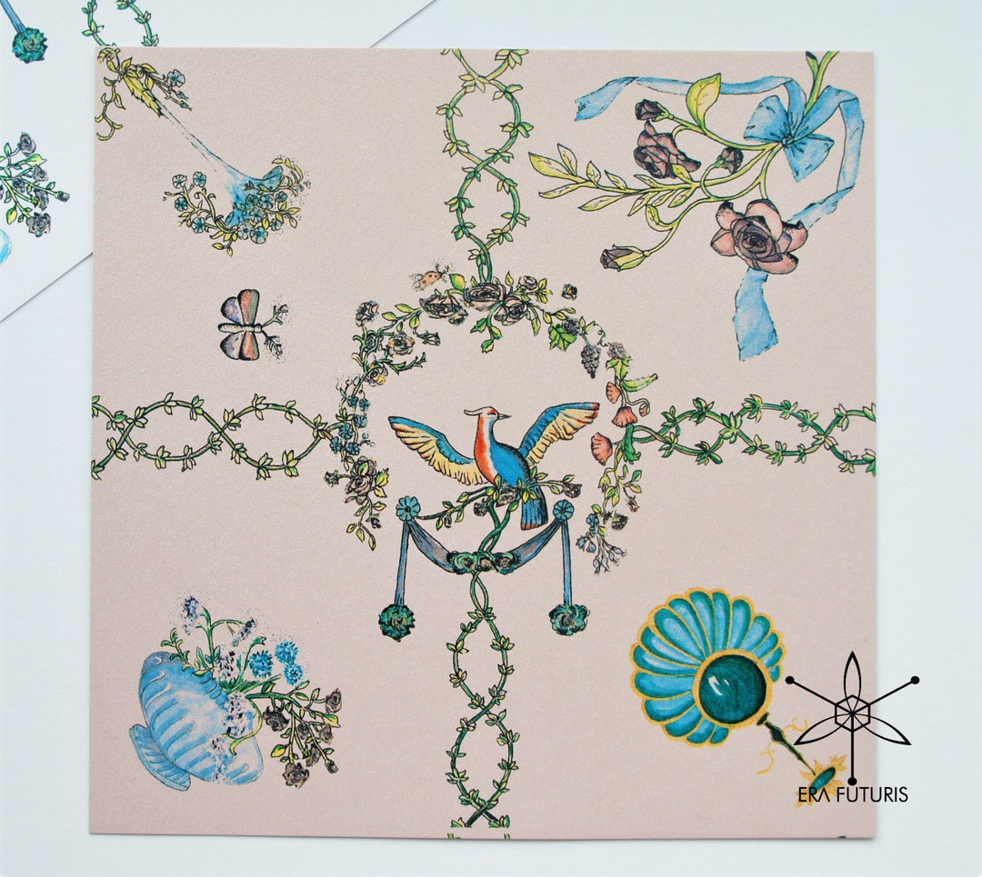 Romantic Rococo Botanical Flower Graden Bird Insect Shimmer Greeting ...