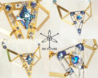 Large blue triangle geometric cyberpunk futuristic necklace with natural stones swarovski evil eye