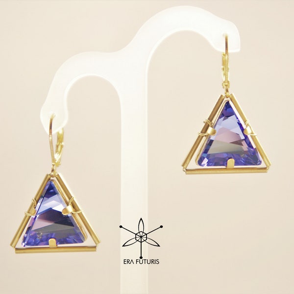 Purple lavender big triangle pyramid Swarovski crystal earrings in futuristic geometric style