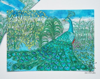 Green blue peacock bird in garden greeting card on pearl shimmer paper