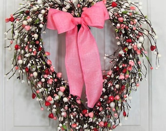 Valentine's Day Heart Wreath for Your Home - Red & Pink Heart Berry Wreath - Red Pip Berry Wreath - Valentine Heart Door or Home Decor