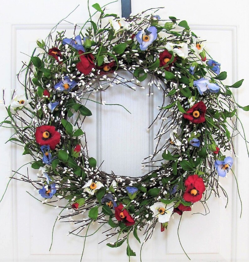 Patriotic Storm Door Wreath 4th Of July Wreath Pip Berry Wreaths Patriotic Floral Wreath Rustic Country Americana Red White Blue