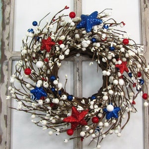 SMALL Patriotic Wreath/Candle Ring Americana Flag Wreaths Red White and Blue Stars and Berries, Versatile Decor for Door or Cabinet image 7