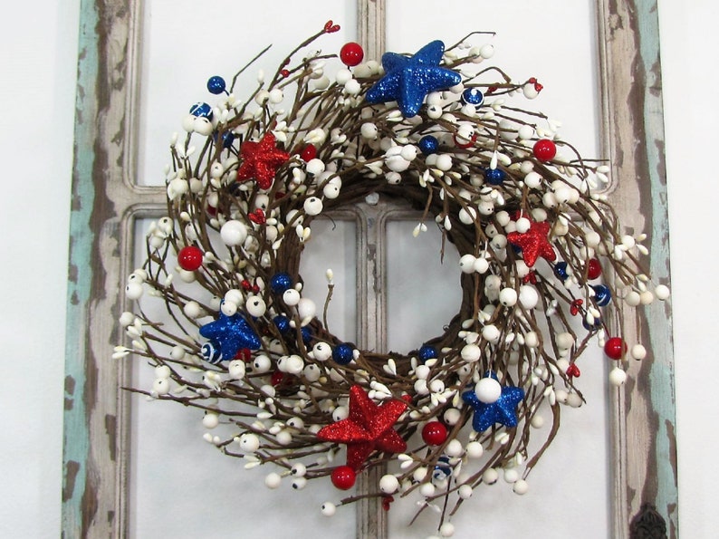 SMALL Patriotic Wreath/Candle Ring Americana Flag Wreaths Red White and Blue Stars and Berries, Versatile Decor for Door or Cabinet image 7