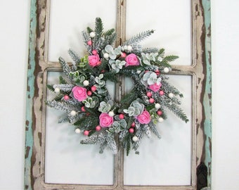 Small Winter Pink Valentine Snow Pine Wreath or Candle Ring - Kitchen Cabinet or Pantry Wreath -  Valentine Wreath for Your Home Decorating