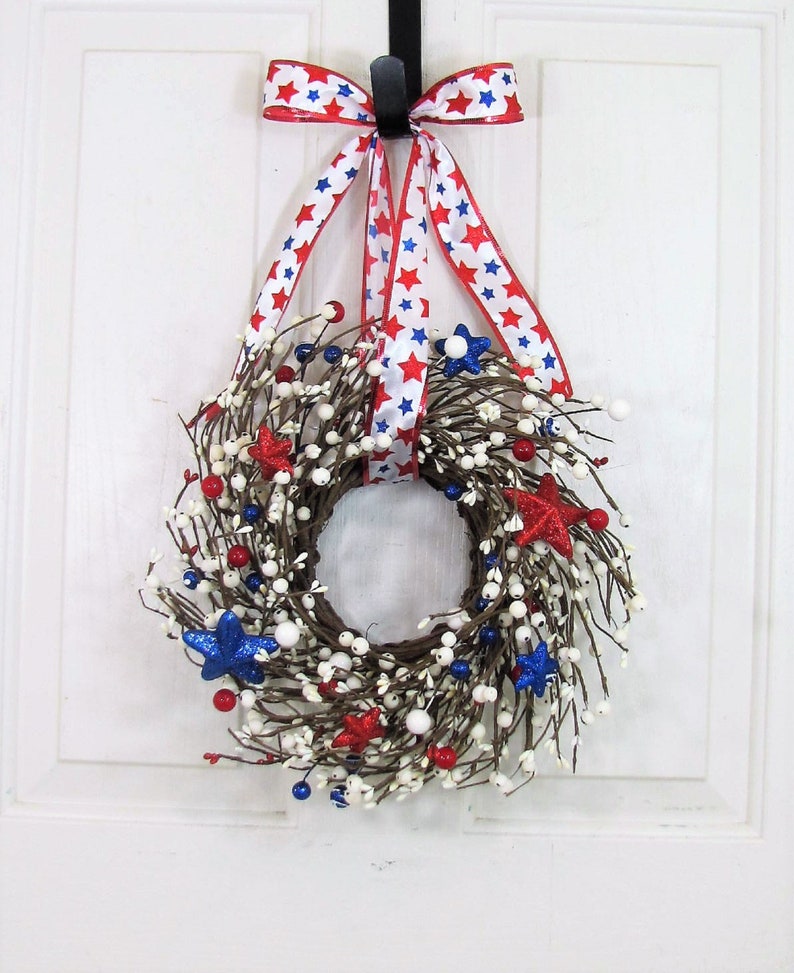 SMALL Patriotic Wreath/Candle Ring Americana Flag Wreaths Red White and Blue Stars and Berries, Versatile Decor for Door or Cabinet image 10