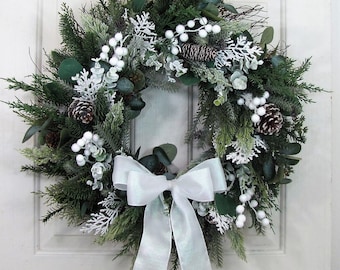 Winter Pine Wreath for your Door - Winter Eucalyptus Pine Wreath with White Snowball Berries - Holiday Pine Wreaths Home Decor
