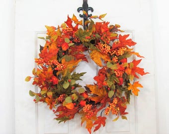 Fall Maple Leaf & Berry Home or Door Wreath - Rustic Fall Orange Berry Wreath - Country Thanksgiving Door Decor - Pip Berry Wreath for