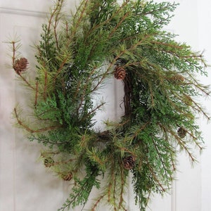 Artificial Cedar Pine Wreath Evergreen Everyday Home Decor Rustic Minimalist Door Accent Indoor Outdoor Wreath Year Round Pine image 7