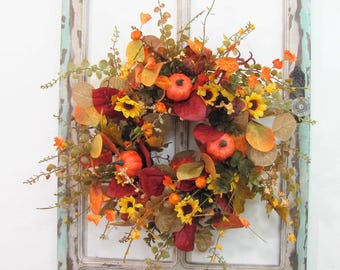 Autumn Pumpkin Floral Wreath for Cabinet or Pantry Door - Country Farmhouse Door or Home Decor - Fall Candle Ring - Rustic Fall Wreath