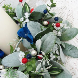SMALL Patriotic Floral Wreath Red White Blue Decor Lambs Ear & Eucalyptus Americana Wreath for Kitchen Cabinet or Tablescape image 3