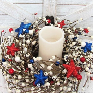 SMALL Patriotic Wreath/Candle Ring Americana Flag Wreaths Red White and Blue Stars and Berries, Versatile Decor for Door or Cabinet image 5