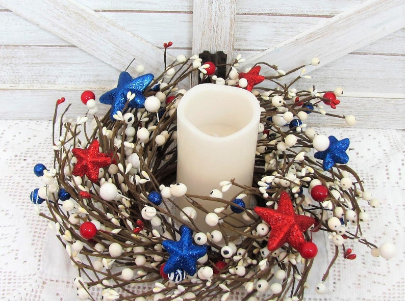 SMALL Patriotic Wreath/Candle Ring Americana Flag Wreaths Red White and Blue Stars and Berries, Versatile Decor for Door or Cabinet image 5