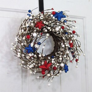 SMALL Patriotic Wreath/Candle Ring Americana Flag Wreaths Red White and Blue Stars and Berries, Versatile Decor for Door or Cabinet image 4