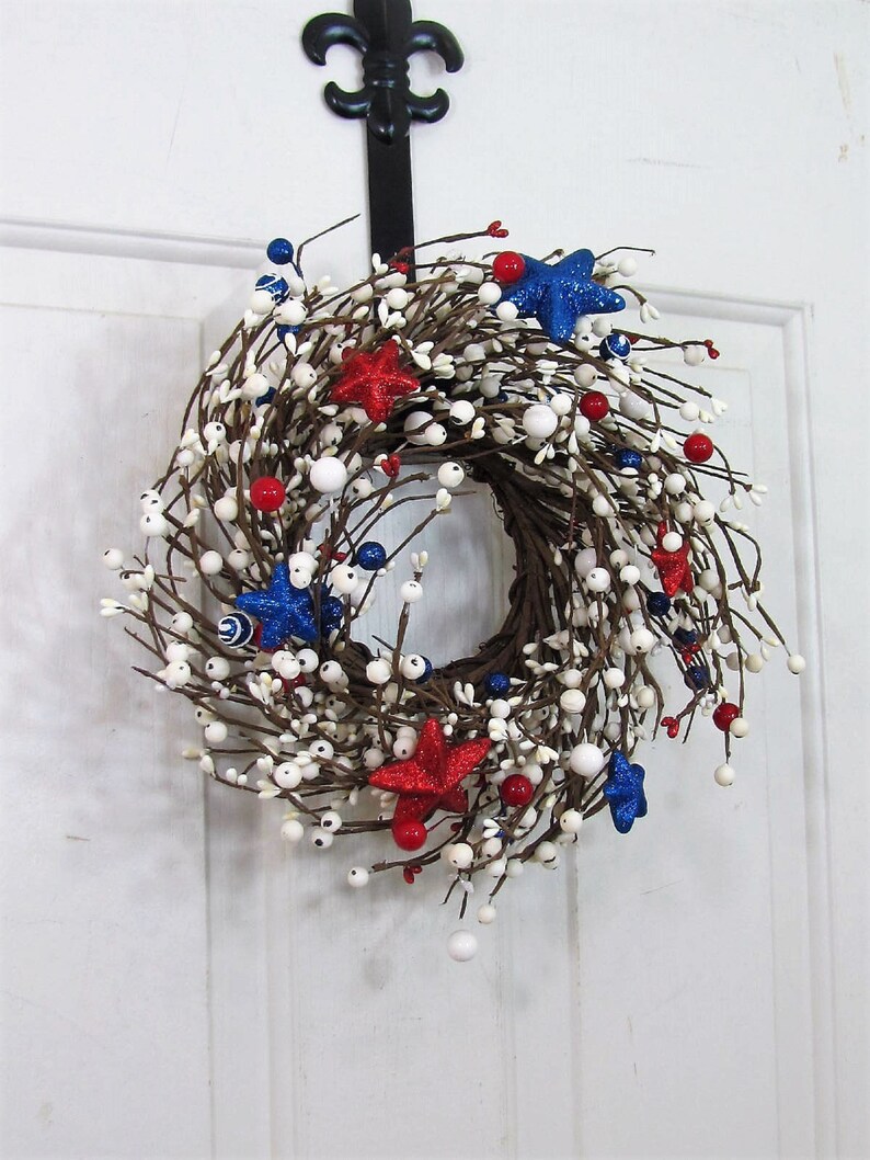 SMALL Patriotic Wreath/Candle Ring Americana Flag Wreaths Red White and Blue Stars and Berries, Versatile Decor for Door or Cabinet image 4