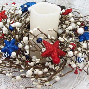 SMALL Patriotic Wreath/Candle Ring Americana Flag Wreaths Red White and Blue Stars and Berries, Versatile Decor for Door or Cabinet image 9