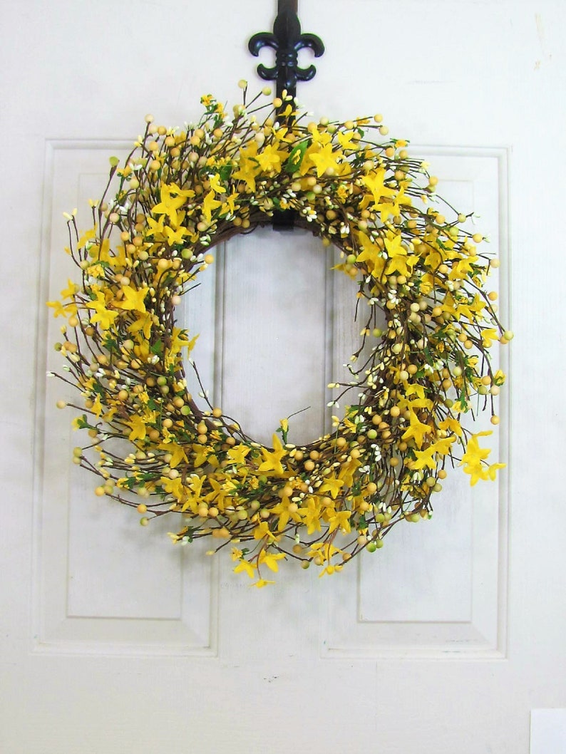 Spring Forsythia & Berry Wreath Yellow Wreaths for Your Home Country Farmhouse Wreath for Front Door Primitive Wreath Designawreath image 2