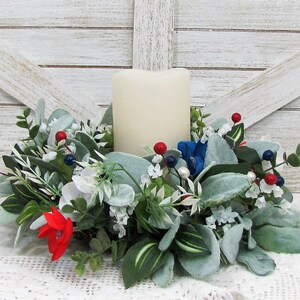 SMALL Patriotic Floral Wreath Red White Blue Decor Lambs Ear & Eucalyptus Americana Wreath for Kitchen Cabinet or Tablescape image 4
