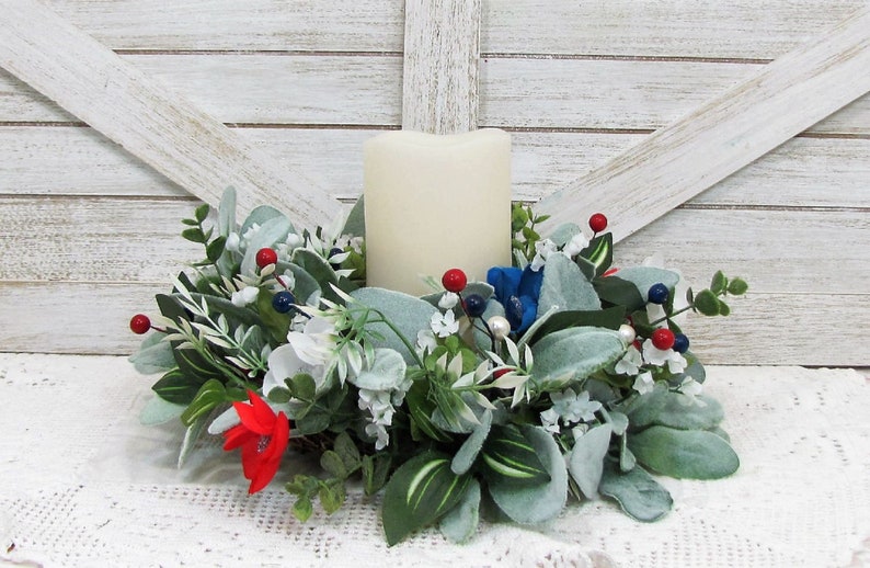 SMALL Patriotic Floral and Lambs Ear Wreath Americana Candle Ring Wreath Mirror Wreath Wreath for Kitchen Cabinet Designawreath image 3