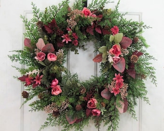 Modern Large Cedar & Burgundy Home or Door Wreath - Summer into Fall Burgundy Wreath - Country Front Door Wreath - Autumn Porch Door Decor