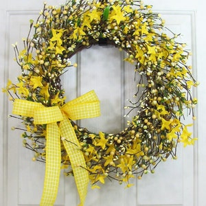 Spring Forsythia & Berry Wreath Yellow Wreaths for Your Home Country Farmhouse Wreath for Front Door Primitive Wreath Designawreath image 1